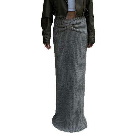 Damen nan hochtaillierter gerippter Maxi-Strickrock mit Twist-Taillenbund und figurumspielender A-Linie EB