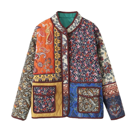 Damen Oversize Patchwork-Steppjacke mit Stehkragen und aufgesetzten Taschen EB