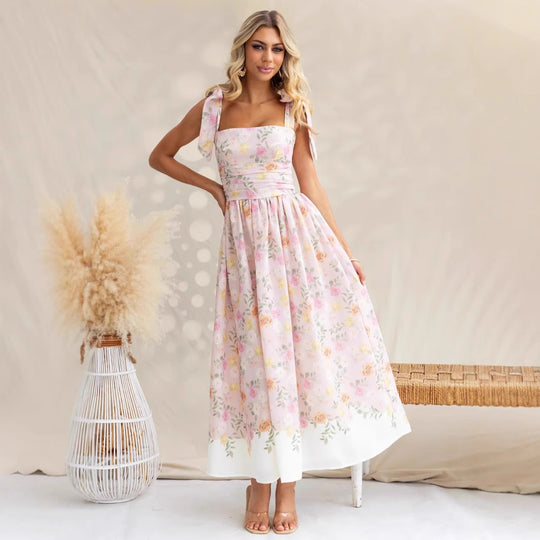 Damen Maxikleid mit verspielten Trägern und floralem Druck EB