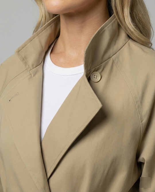 Damen Mode online taillierter Trenchcoat mit Stehkragen und Spitzenmanschetten EB
