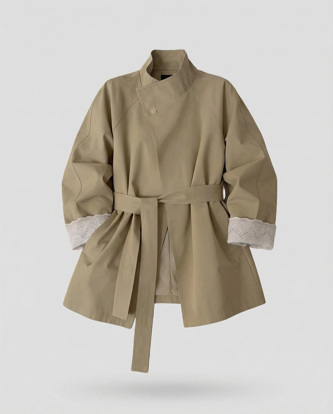 Damen Mode online taillierter Trenchcoat mit Stehkragen und Spitzenmanschetten EB