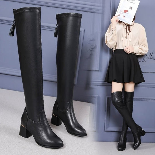 Damen Hochwertige Overknee-Stiefel mit elegantem Blockabsatz und modischem Detail EB