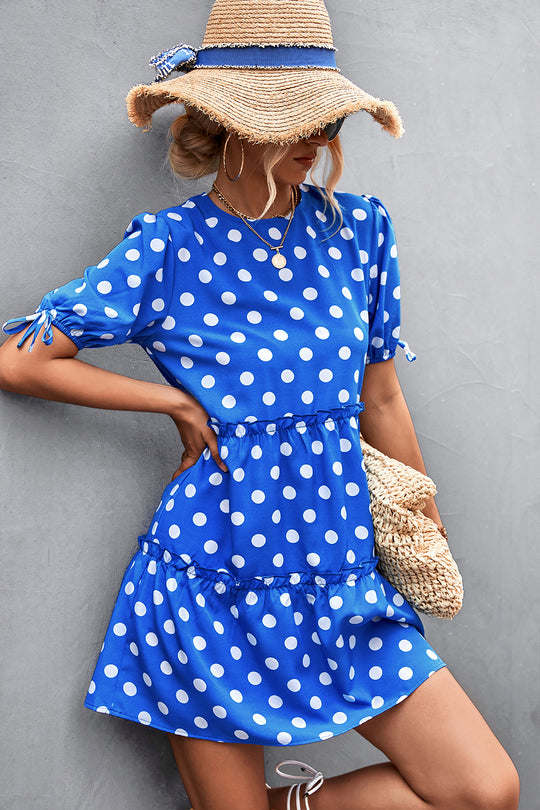 Damen Freizeitkleid mit voluminösen Rüschendetails und Polka-Dots EB