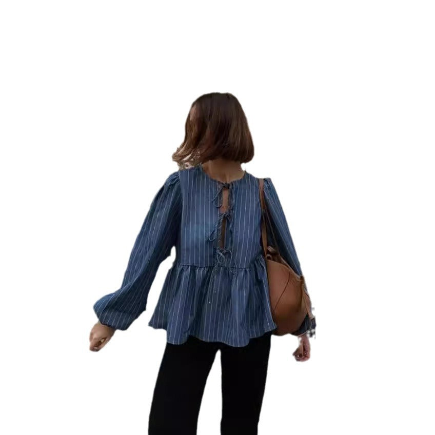 Damen gestreifte Bluse mit voluminösen Puffärmeln und tailliertem Schnitt EB