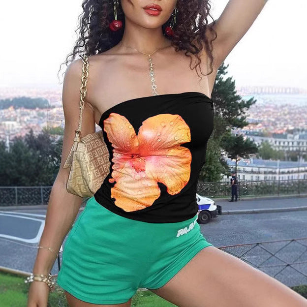 Damen Bandeau-Top mit stilvollem Blumendruck und elastischem Bund EB