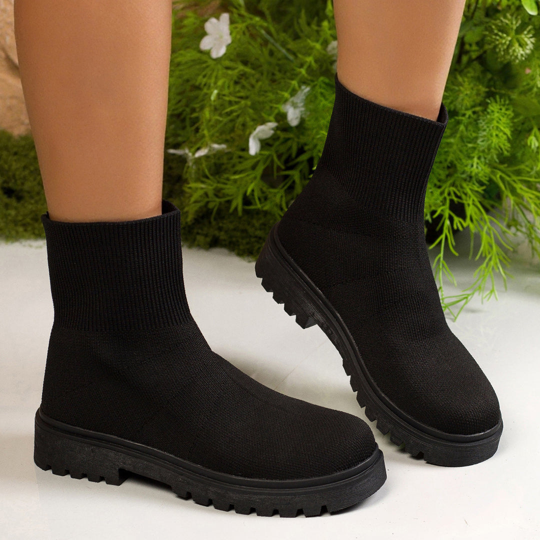 Damen nan gestrickte Sock-Stiefelette mit elastischem Rippbund stoßdämpfender Leichtsohle und robustem Traktorprofil EB