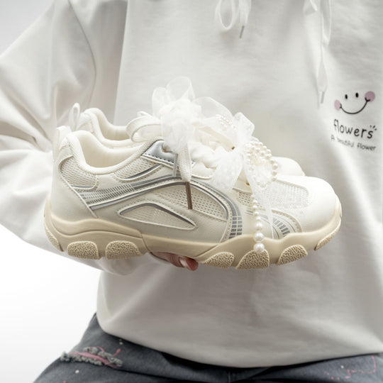 Damen Sportliche Sneakers mit dekorativen Perlenschnürsenkeln und atmungsaktiver Mesh-Oberfläche EB
