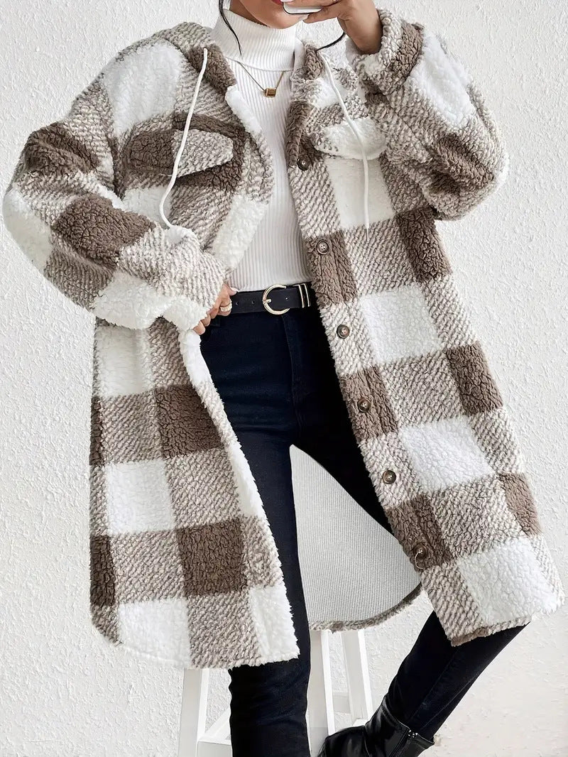 Damen Plüschige Karojacke im Oversized-Stil mit Knopfleiste EB