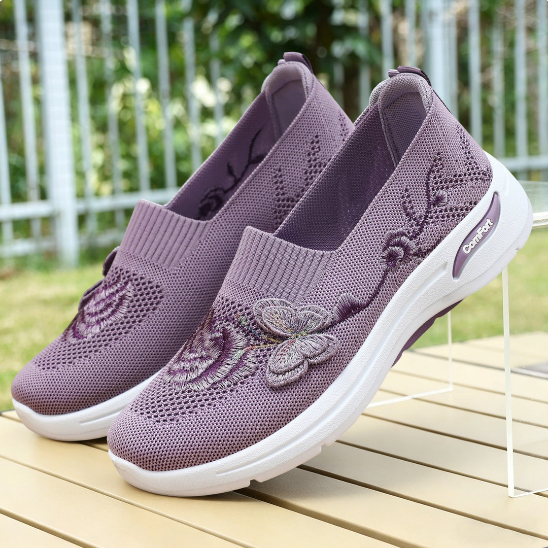 Damen nan gestrickter Slip-On Slipper mit 3D-Blumenstickerei und ergonomischer Komfort-Zwischensohle EB