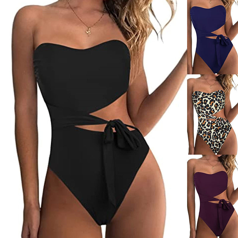 Damen Bandeau Bikini mit asymmetrischem Schnitt und modischem Animal-Print EB