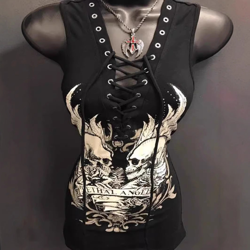 Damen Rockabilly Kleid mit Schnüroptik und grafischem Print EB