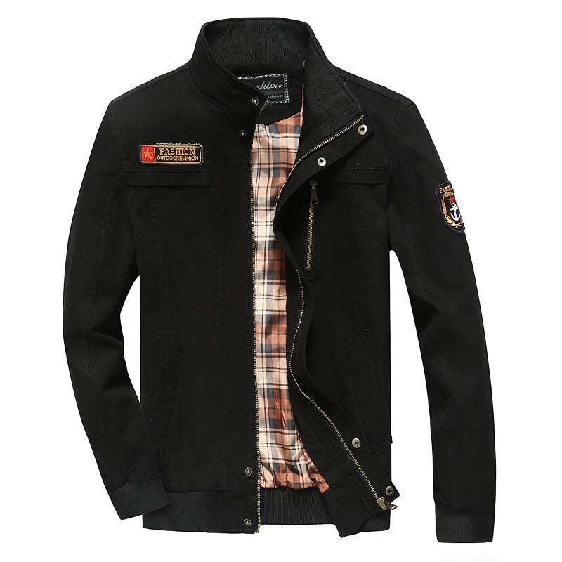 Herren Canvas-Bomberjacke mit kariertem Innenfutter, Stehkragen und Abzeichenapplikationen EB