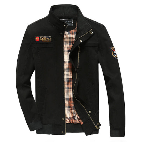 Herren Canvas-Bomberjacke mit kariertem Innenfutter, Stehkragen und Abzeichenapplikationen EB