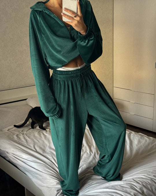 Damen sportliches Lounge-Set aus weichem Fleece mit lockerem Schnitt EB