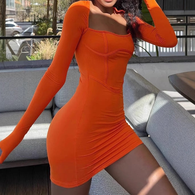 Damen figurbetontes Minikleid mit quadratischem Ausschnitt und langen Ärmeln EB