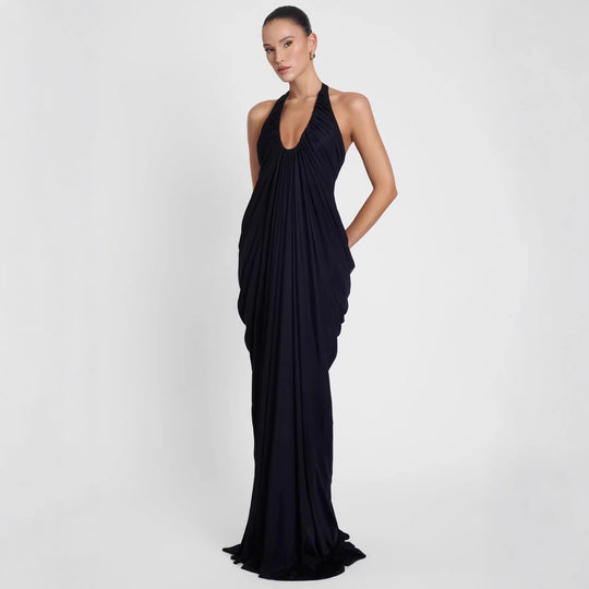 Damen Elegantes Maxikleid mit tiefem V-Ausschnitt und fließendem Drapé EB