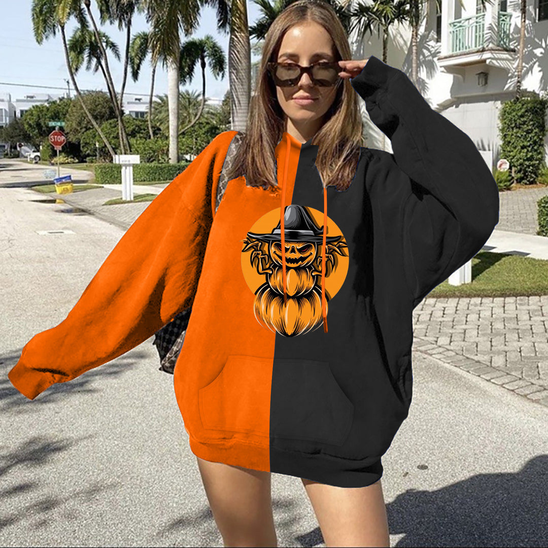 Damen nan Oversize Kapuzenpullover mit Halloween Kürbisdruck und Kängurutasche EB