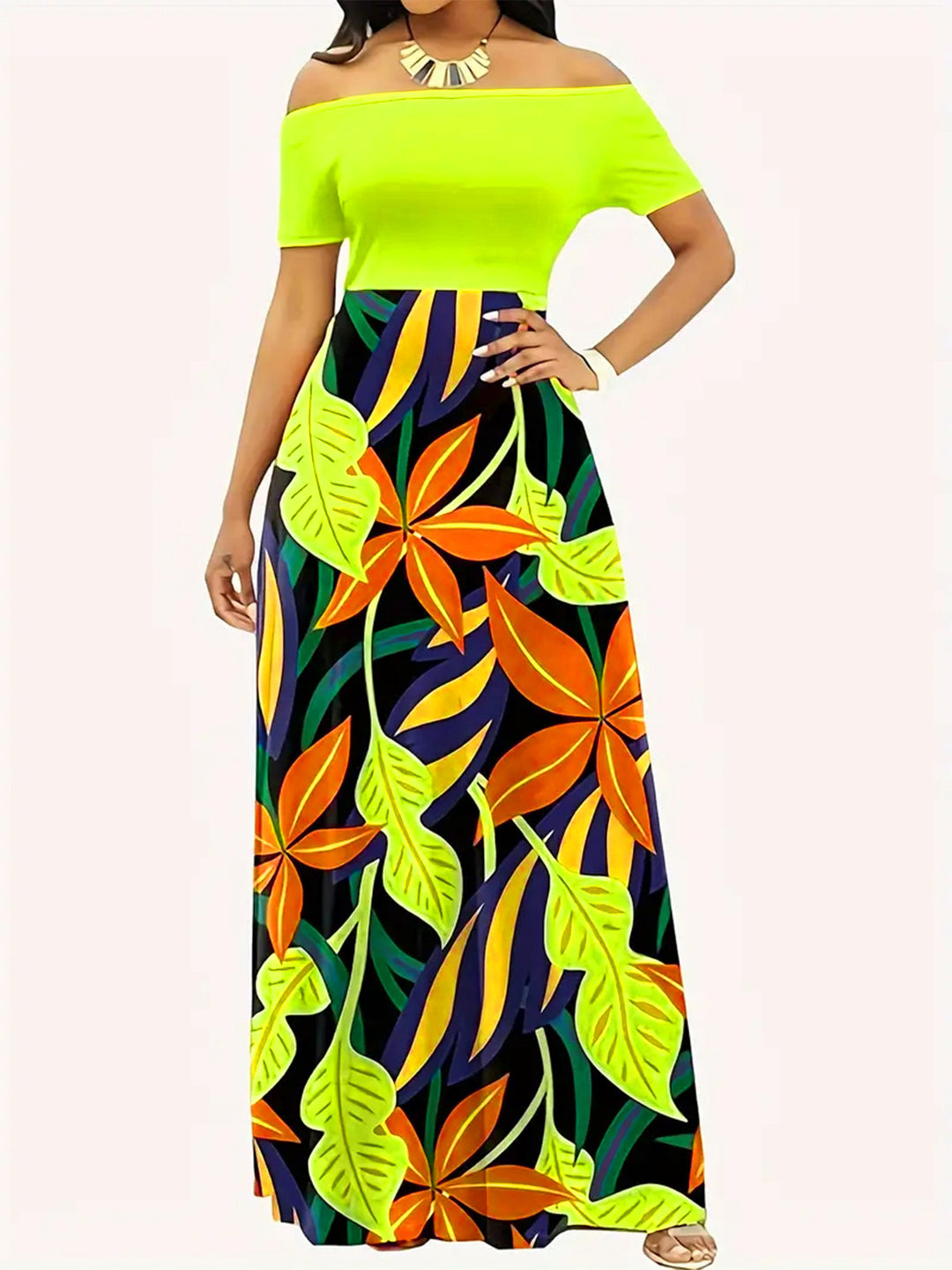 Damen Off-Shoulder Maxikleid mit floralem Design und elastischem Taillenband EB