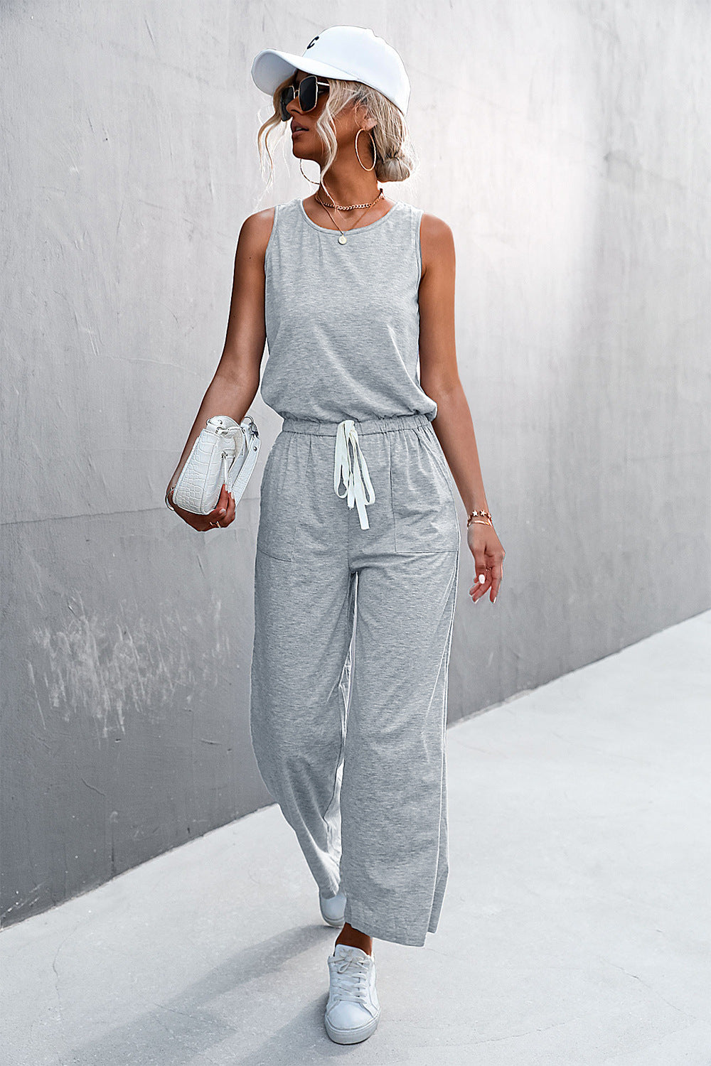 Damen luftiger Jumpsuit mit weitem Bein und elastischem Taillenzug EB