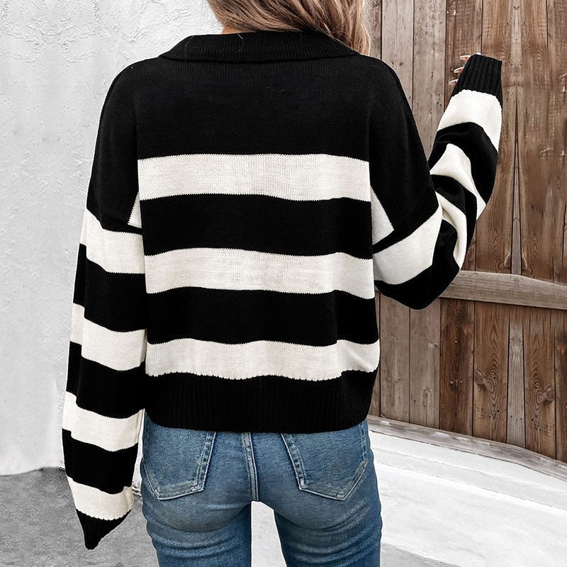 Damen Strickpullover mit V-Ausschnitt und Streifenmuster EB