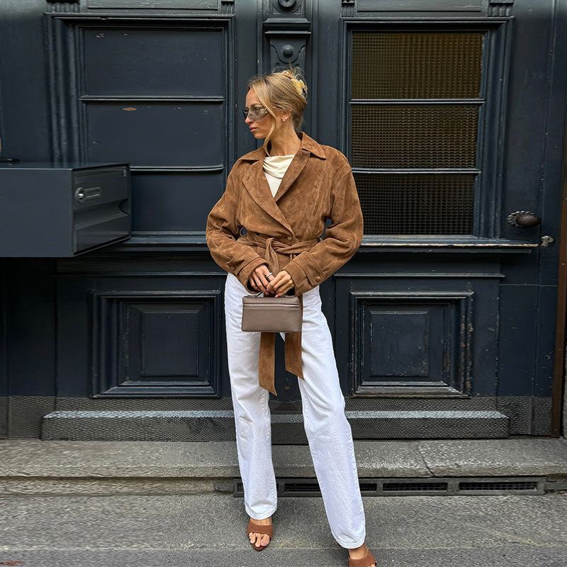 Damen Übergangsjacke im modernen Wildleder-Look mit Taillengürtel und weit geschnittenen Ärmeln EB