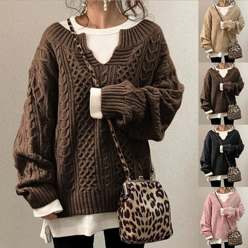 Damen nan weit geschnittener Strickpullover mit Zopfmuster und V-Ausschnitt EB