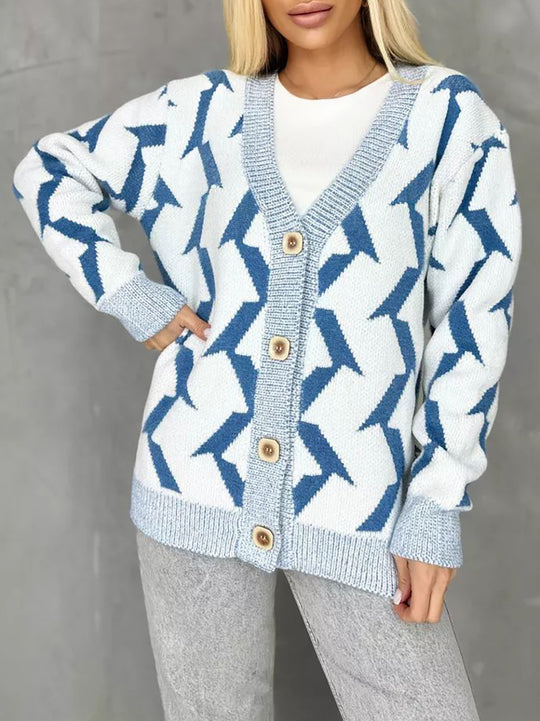 Damen gemütlicher Strickcardigan mit modernem Blitze-Design und Knopfverschluss EB