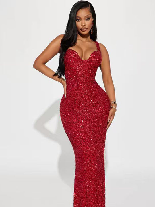 Damen Glamouröses Pailletten Abendkleid mit tiefem Ausschnitt EB