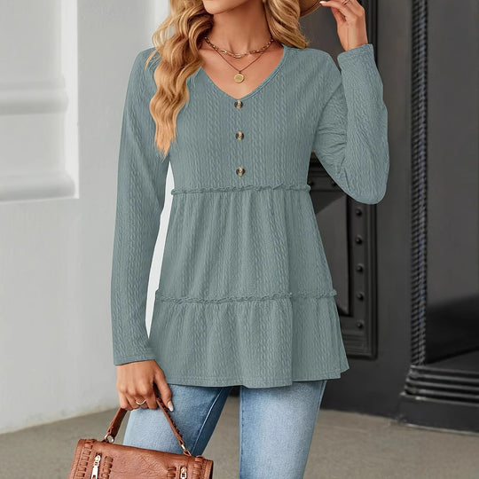 Damen Langarm Tunika mit Knopfdetail und Volant EB