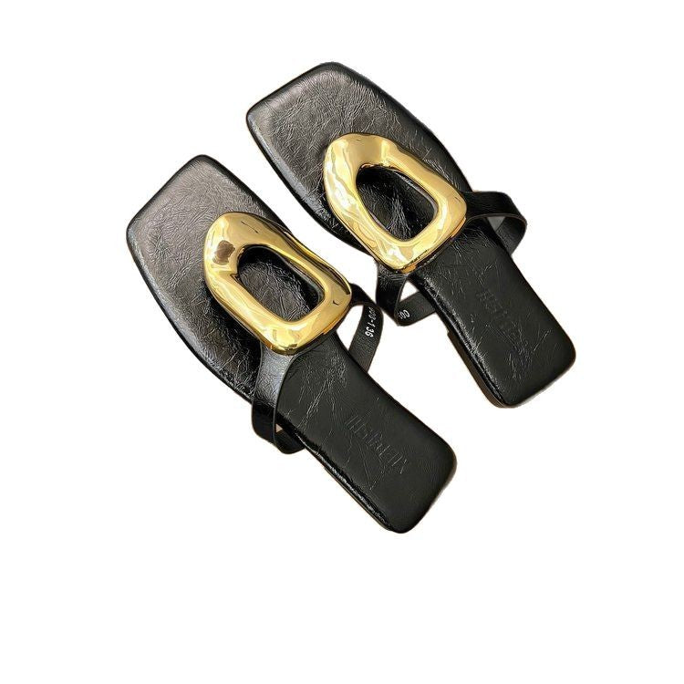 Damen Plateau-Pantoletten mit dekorativem metallischen Schnallen-Design und rutschfester Sohle EB