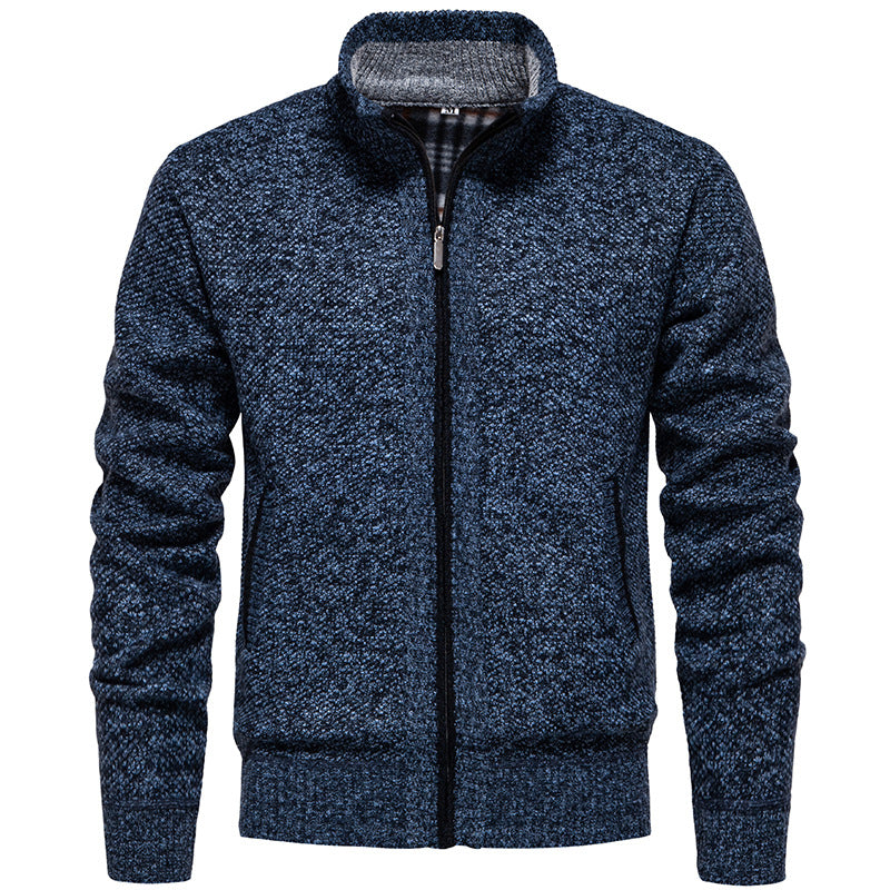 Herren nan strukturierter Strickcardigan mit durchgehendem Reißverschluss und kontrastgefüttertem Stehkragen EB
