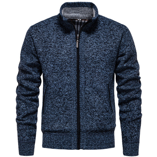 Herren nan strukturierter Strickcardigan mit durchgehendem Reißverschluss und kontrastgefüttertem Stehkragen EB