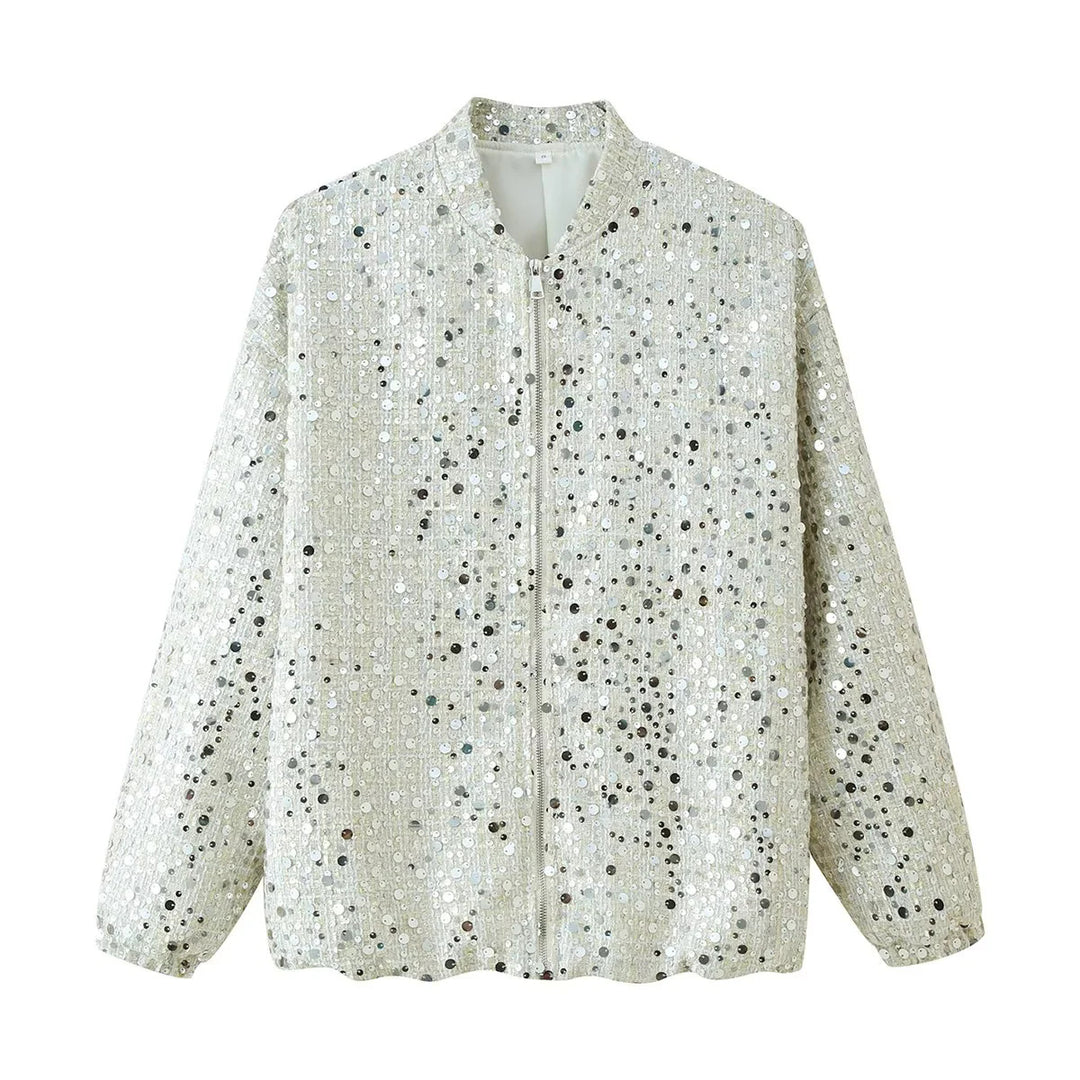 Damen Glitzernde Jacke mit Rundhalsausschnitt und verstecktem Reißverschluss EB