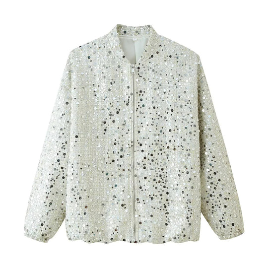 Damen Glitzernde Jacke mit Rundhalsausschnitt und verstecktem Reißverschluss EB