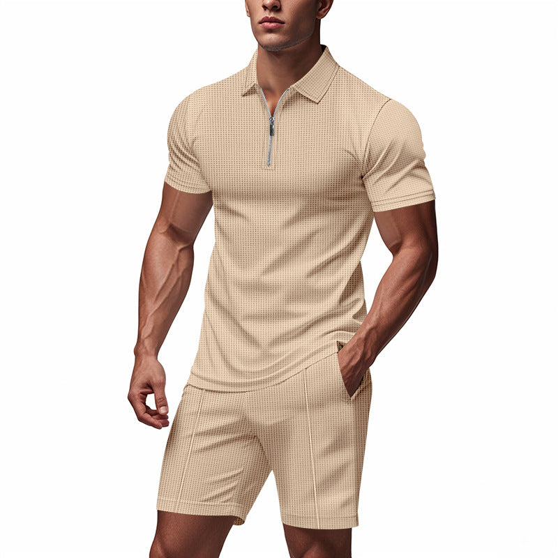 Herren Sportliches Kurzarm-Set mit teils strukturiertem Design und durchgehendem Reißverschluss EB