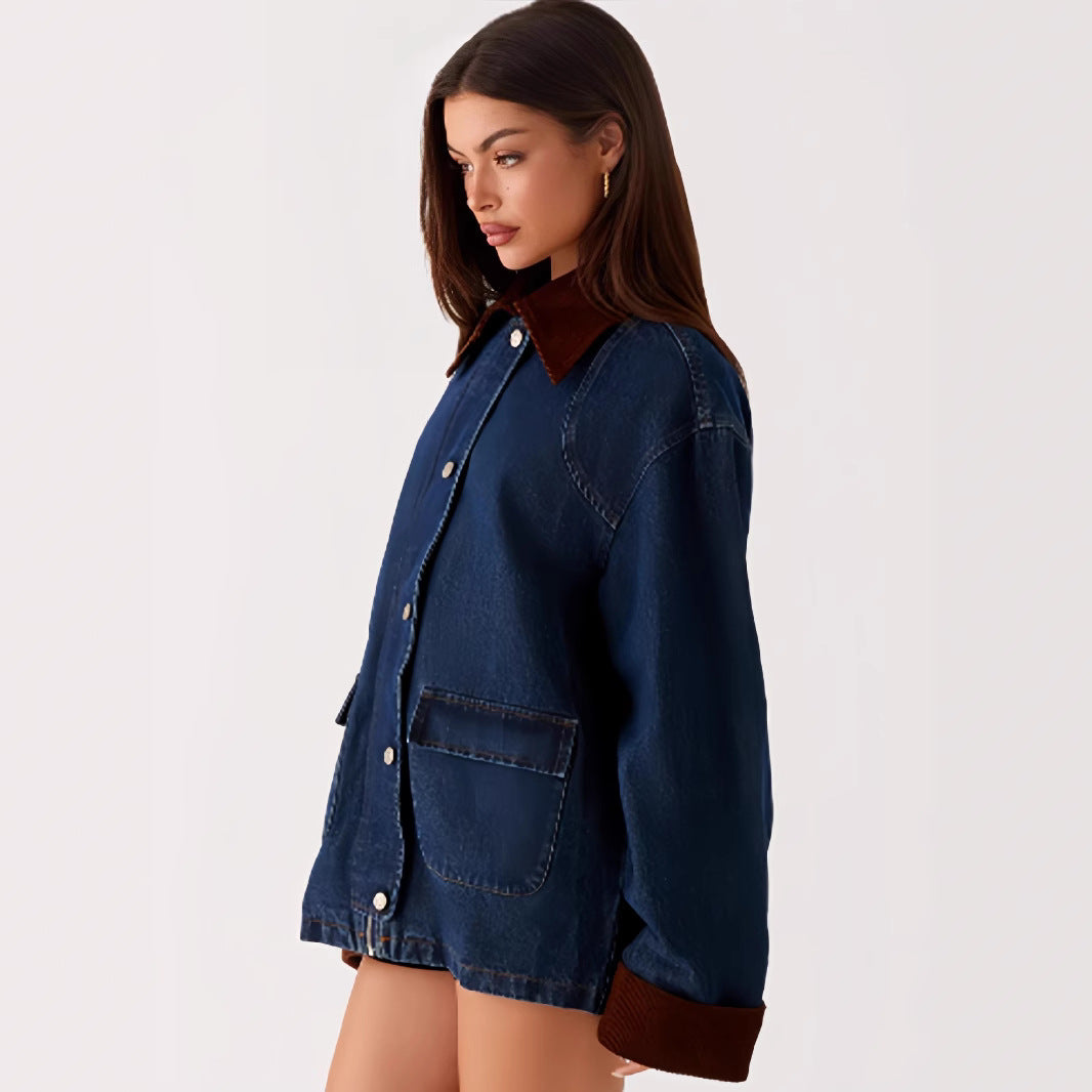 Damen Denimjacke mit Kapuze und kontrastierenden Ärmeln EB