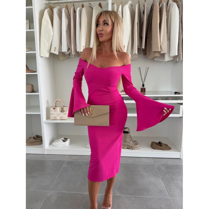 Damen Off-Shoulder Midi Kleid mit weit ausgestellten Ärmeln EB