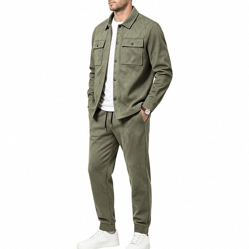 Herren nan Velours-Lounge-Set mit Overshirt, aufgesetzten Brusttaschen und tapered Jogginghose EB