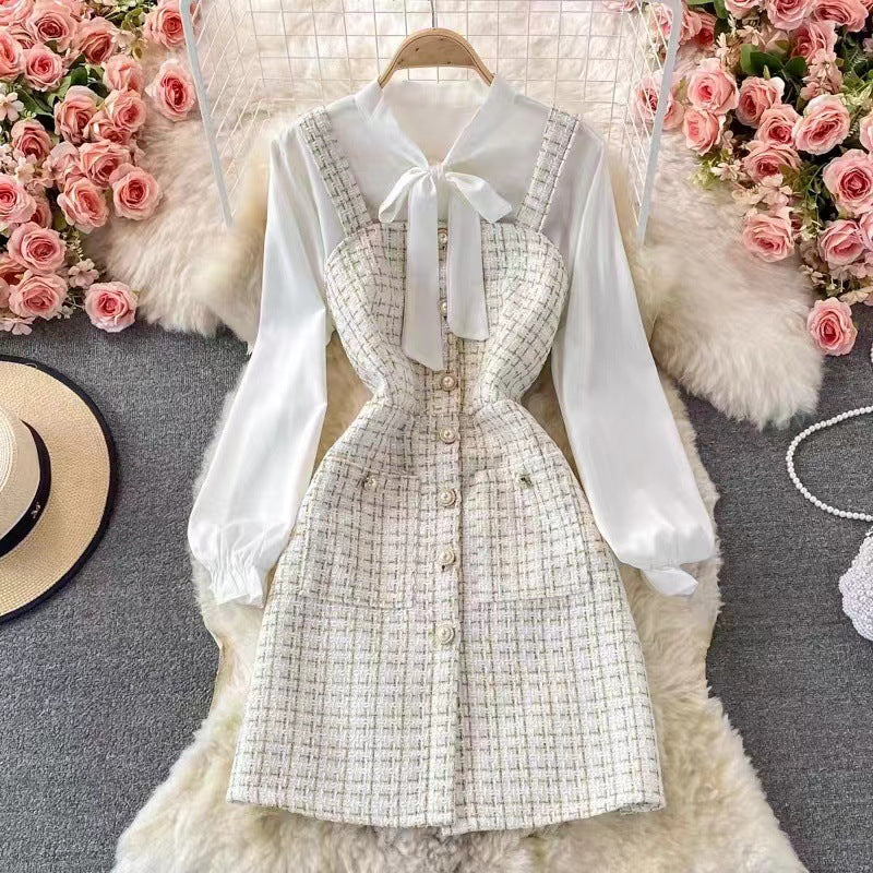 EB | Satz mit Latzkleid Tweed A-Linie Bluse mit Schleife und Puffärmeln