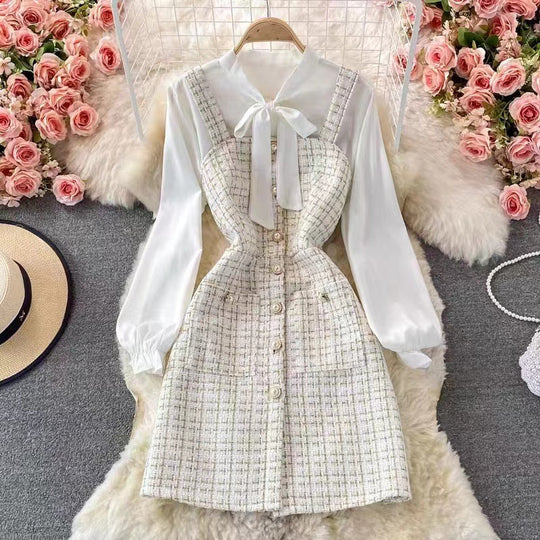 EB | Satz mit Latzkleid Tweed A-Linie Bluse mit Schleife und Puffärmeln