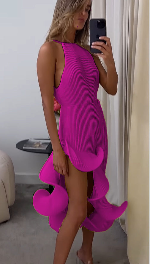 Damen Maxikleid mit asymmetrischem Volant und elegantem Faltenrock EB