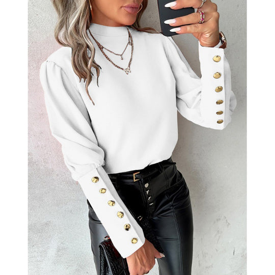 Damen elegante Bluse mit Puffärmeln und goldenen Knopfdetails EB