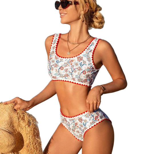Damen Sportbikini mit floralem Muster und hübschen Rüsche EB