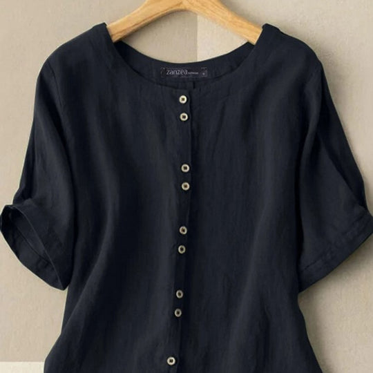 Damen Leinenbluse mit knöpfbarem Ausschnitt und lässigem Schnitt EB