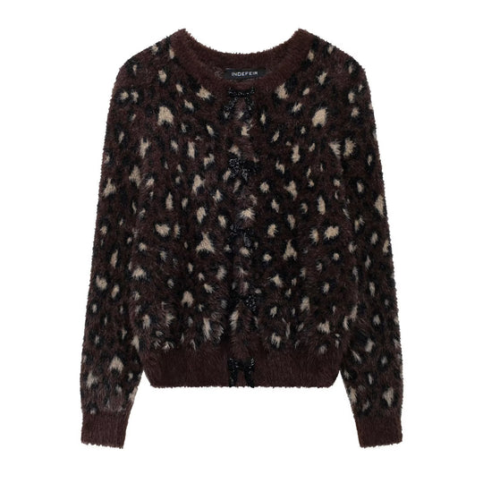 Damen kuschelige Leopardenmuster Strickjacke mit durchgehendem Knopfverschluss EB