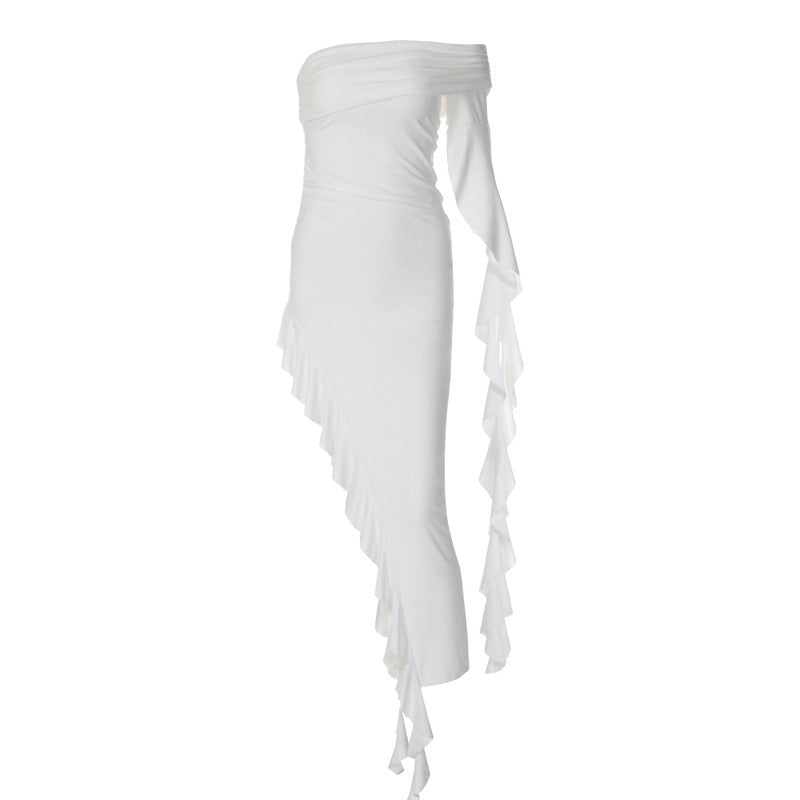 Damen elegantes Wickelkleid mit asymmetrischem Rüschendesign und dekorativem Oberteil EB