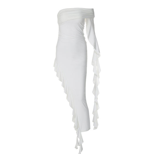 Damen elegantes Wickelkleid mit asymmetrischem Rüschendesign und dekorativem Oberteil EB