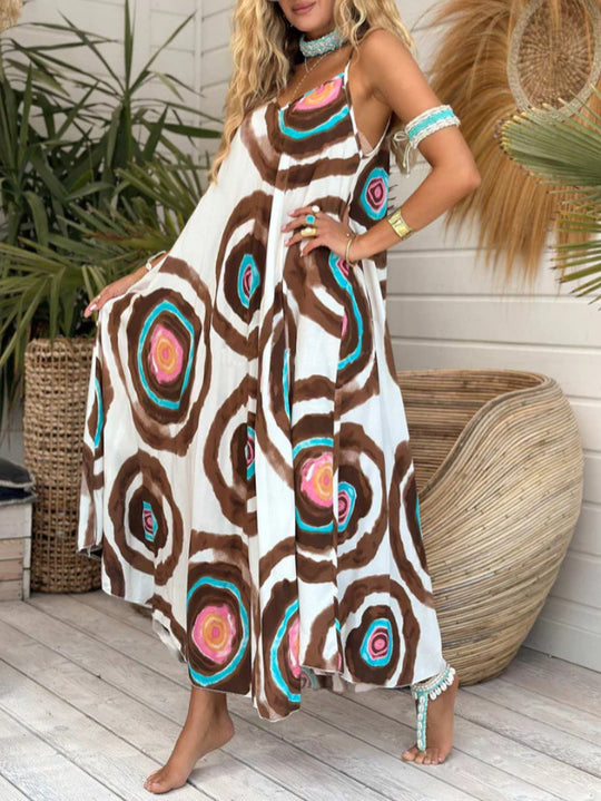 Damen Langkleid mit modernem Kreismuster und luftigem Schnitt EB