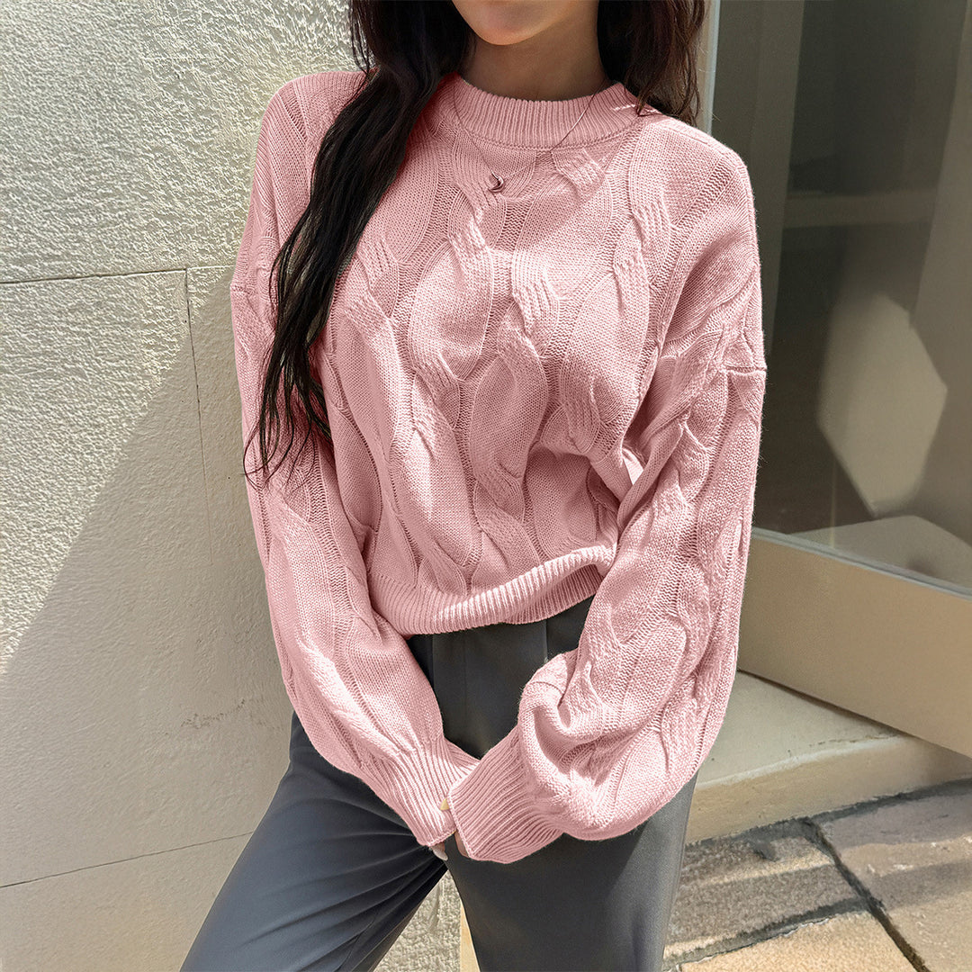 Damen nan cropped Zopfmuster-Pullover mit kastiger Silhouette, überschnittener Schulter und geripptem Saum EB
