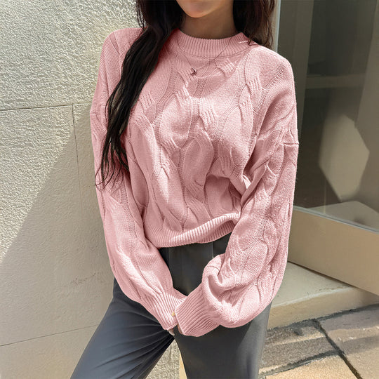 Damen nan cropped Zopfmuster-Pullover mit kastiger Silhouette, überschnittener Schulter und geripptem Saum EB